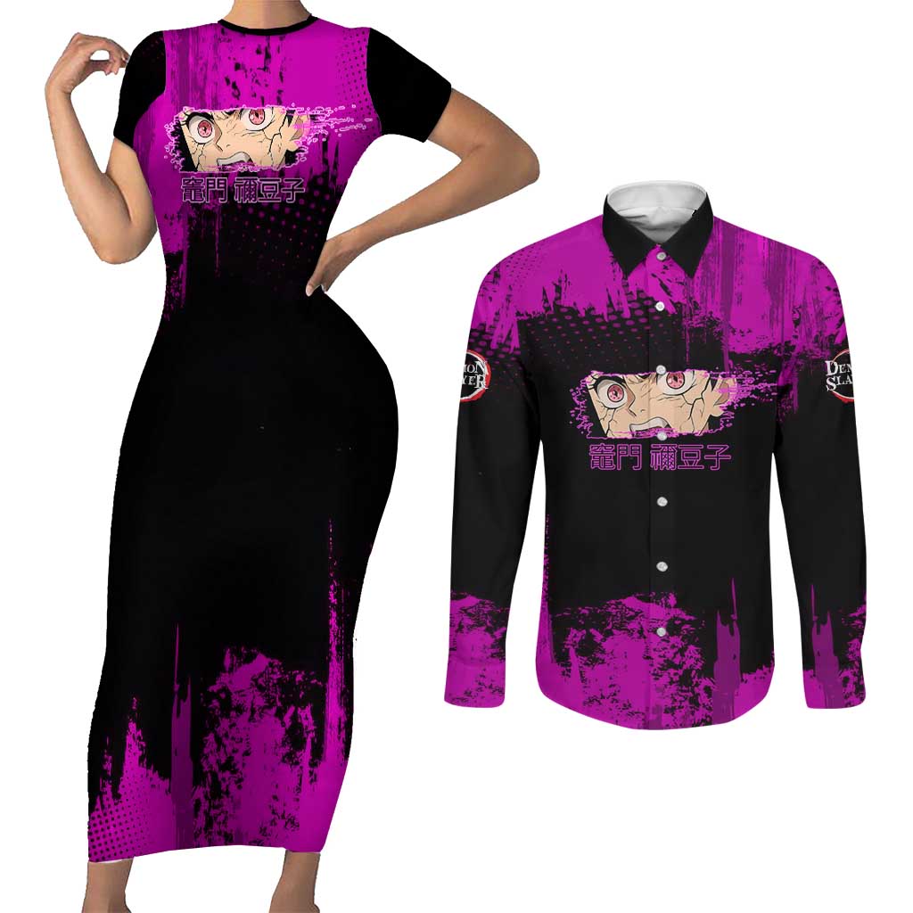 Nezuko Kamado Demon Slayer Pink Grunge Design Couples Matching Short Sleeve Bodycon Dress and Long Sleeve Button Shirt with Fierce Eyes and Cute Sitting Pose - The Mazicc