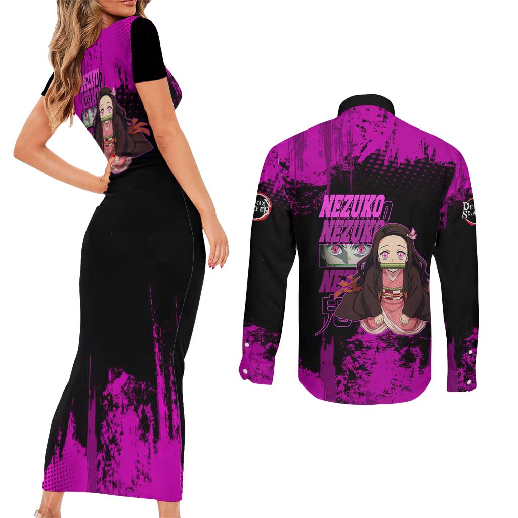 Nezuko Kamado Demon Slayer Pink Grunge Design Couples Matching Short Sleeve Bodycon Dress and Long Sleeve Button Shirt with Fierce Eyes and Cute Sitting Pose - The Mazicc