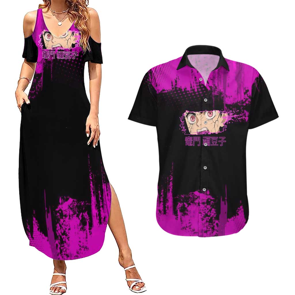 Nezuko Kamado Demon Slayer Pink Grunge Design Couples Matching Summer Maxi Dress and Hawaiian Shirt with Fierce Eyes and Cute Sitting Pose - The Mazicc
