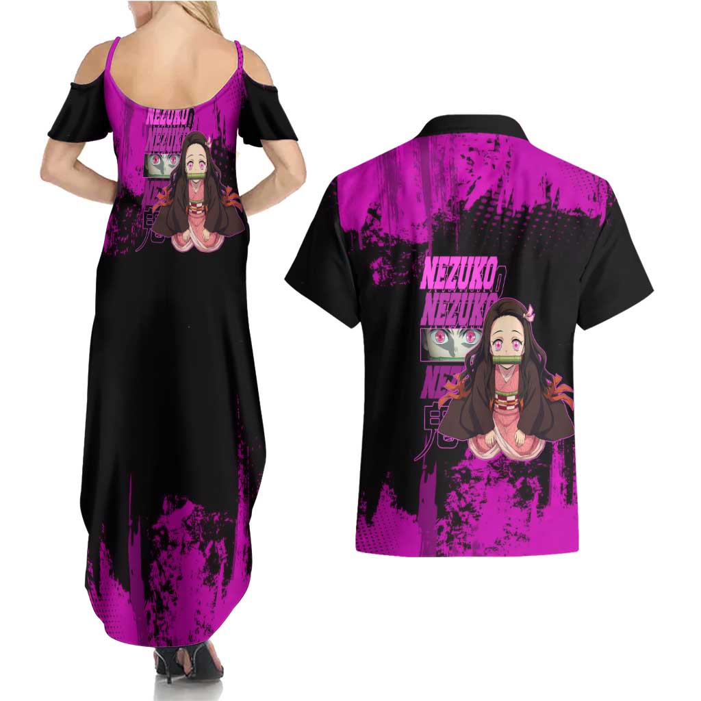 Nezuko Kamado Demon Slayer Pink Grunge Design Couples Matching Summer Maxi Dress and Hawaiian Shirt with Fierce Eyes and Cute Sitting Pose - The Mazicc