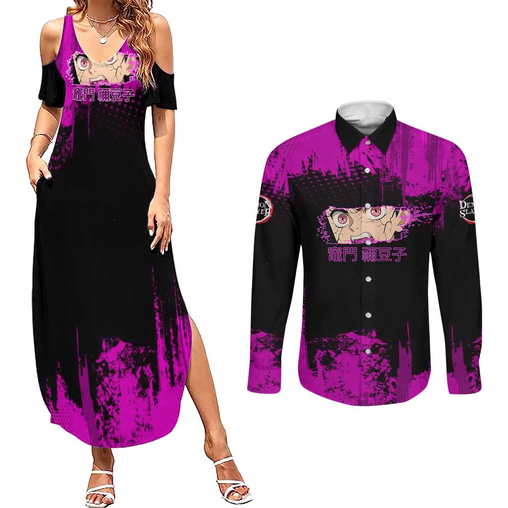Nezuko Kamado Demon Slayer Pink Grunge Design Couples Matching Summer Maxi Dress and Long Sleeve Button Shirt with Fierce Eyes and Cute Sitting Pose - The Mazicc