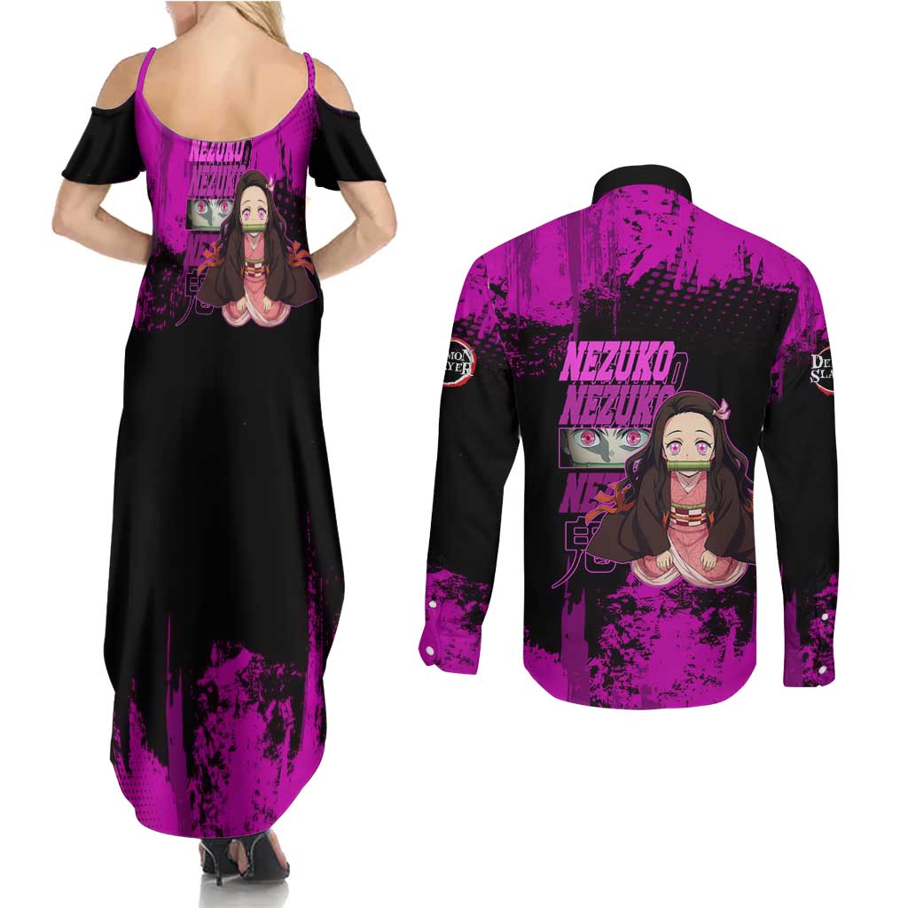 Nezuko Kamado Demon Slayer Pink Grunge Design Couples Matching Summer Maxi Dress and Long Sleeve Button Shirt with Fierce Eyes and Cute Sitting Pose - The Mazicc