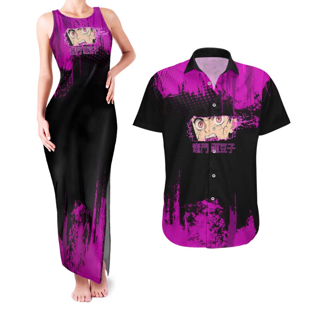 Nezuko Kamado Demon Slayer Pink Grunge Design Couples Matching Tank Maxi Dress and Hawaiian Shirt with Fierce Eyes and Cute Sitting Pose - The Mazicc