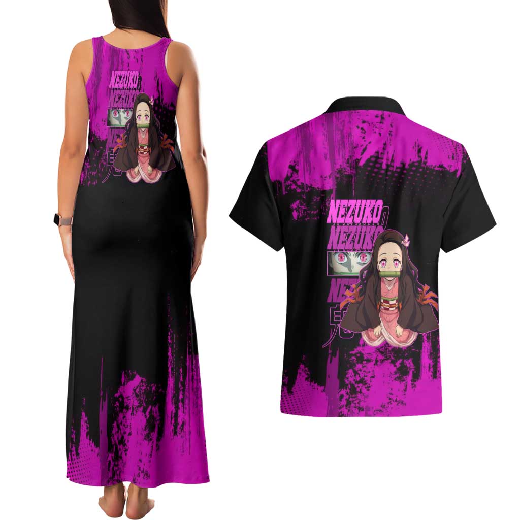Nezuko Kamado Demon Slayer Pink Grunge Design Couples Matching Tank Maxi Dress and Hawaiian Shirt with Fierce Eyes and Cute Sitting Pose - The Mazicc