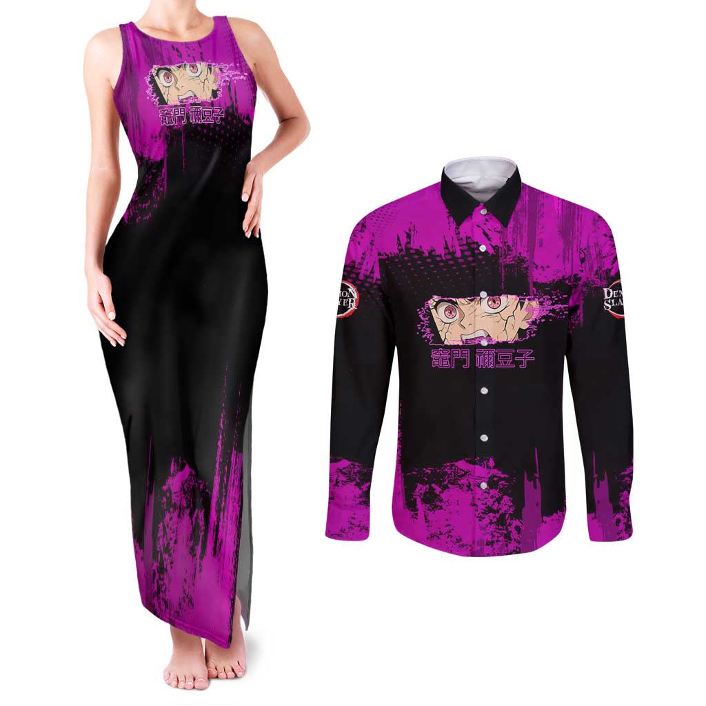 Nezuko Kamado Demon Slayer Pink Grunge Design Couples Matching Tank Maxi Dress and Long Sleeve Button Shirt with Fierce Eyes and Cute Sitting Pose - The Mazicc