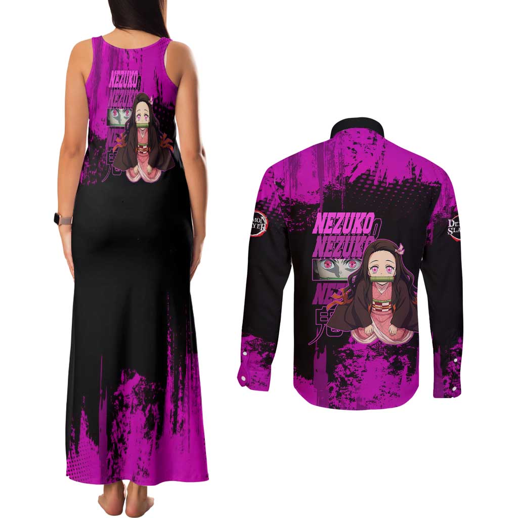 Nezuko Kamado Demon Slayer Pink Grunge Design Couples Matching Tank Maxi Dress and Long Sleeve Button Shirt with Fierce Eyes and Cute Sitting Pose - The Mazicc