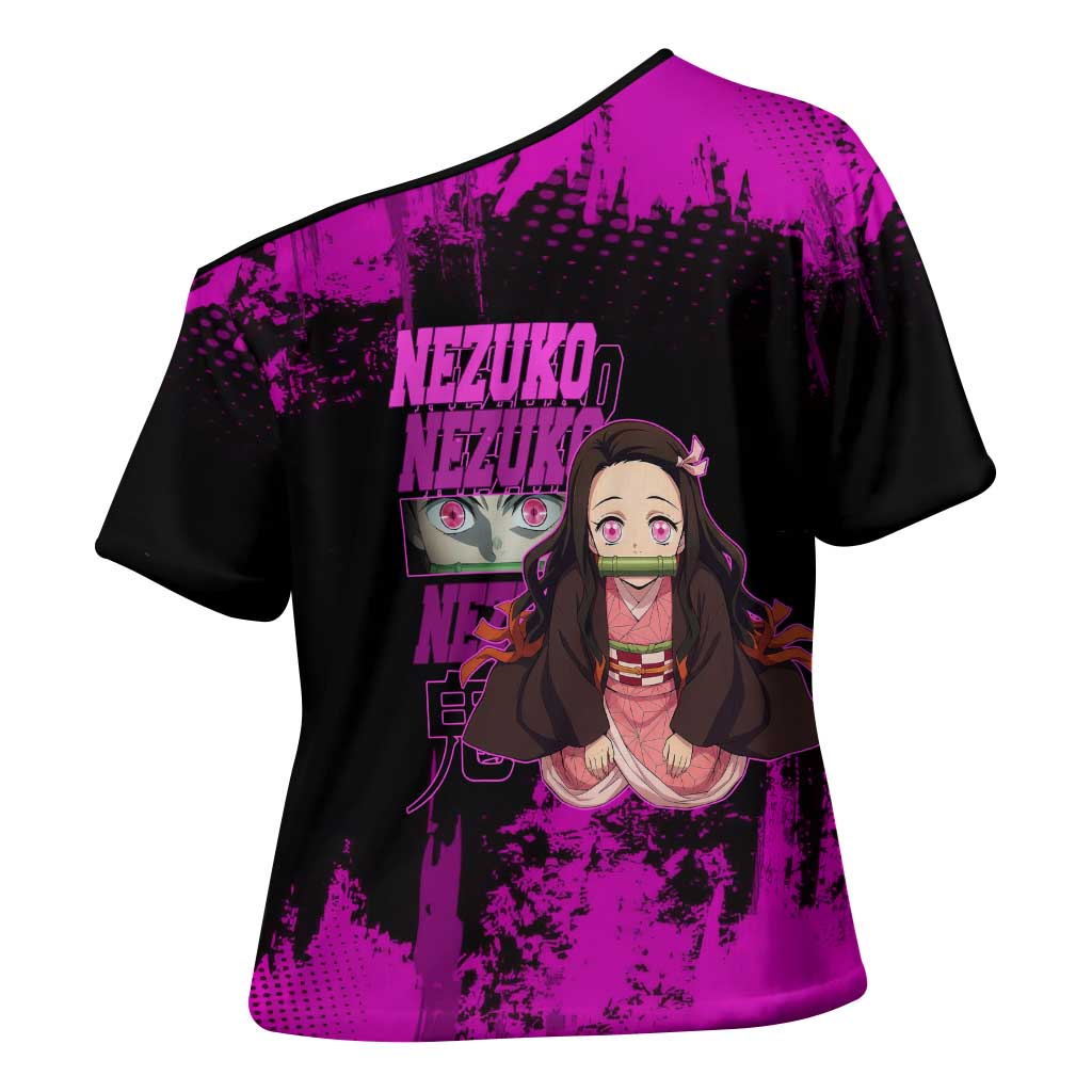 Nezuko Kamado Demon Slayer Pink Grunge Design Cross Shoulder Shirt with Fierce Eyes and Cute Sitting Pose - The Mazicc