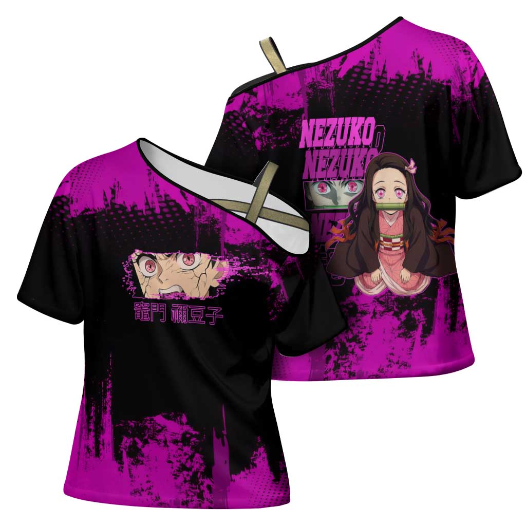 Nezuko Kamado Demon Slayer Pink Grunge Design Cross Shoulder Shirt with Fierce Eyes and Cute Sitting Pose - The Mazicc