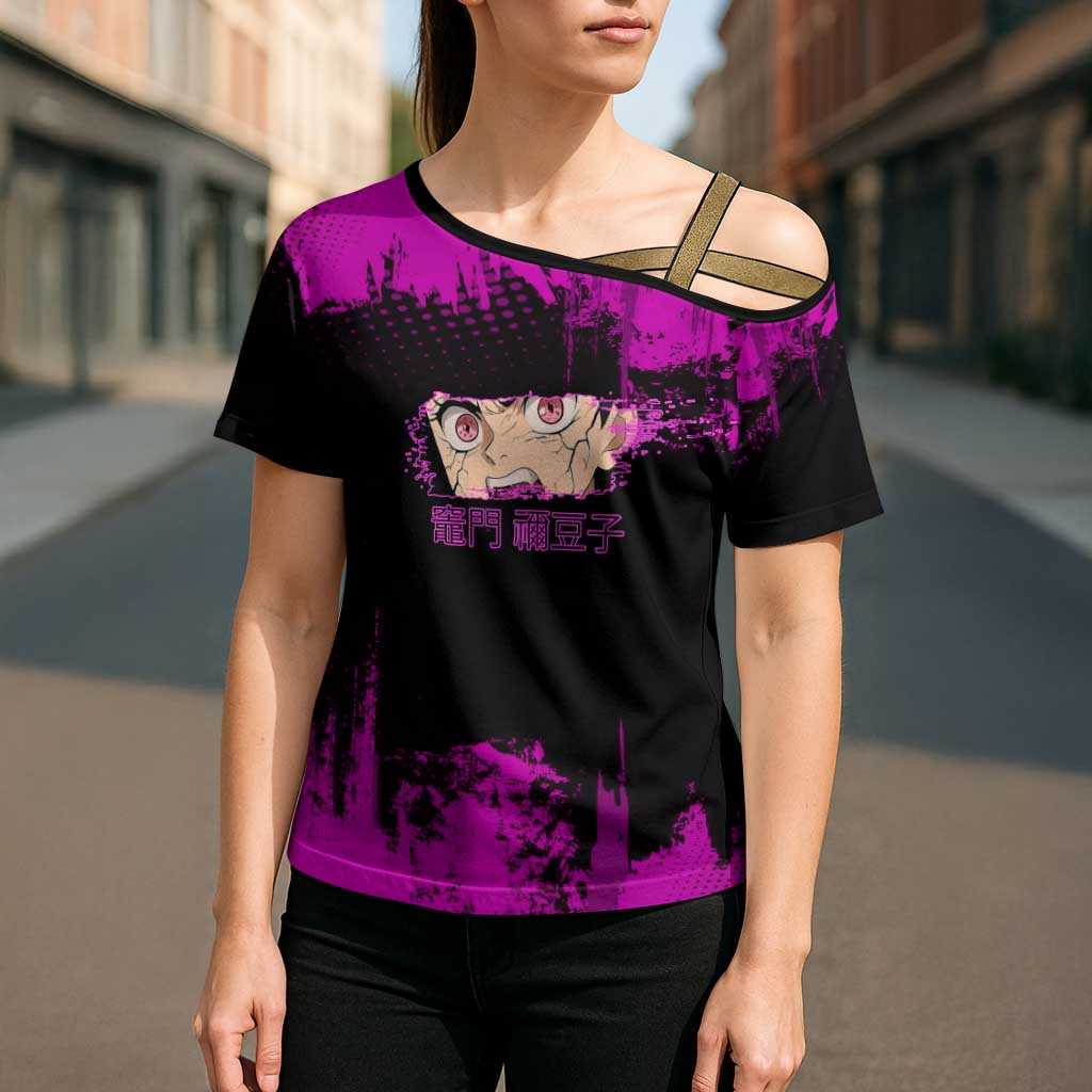 Nezuko Kamado Demon Slayer Pink Grunge Design Cross Shoulder Shirt with Fierce Eyes and Cute Sitting Pose - The Mazicc