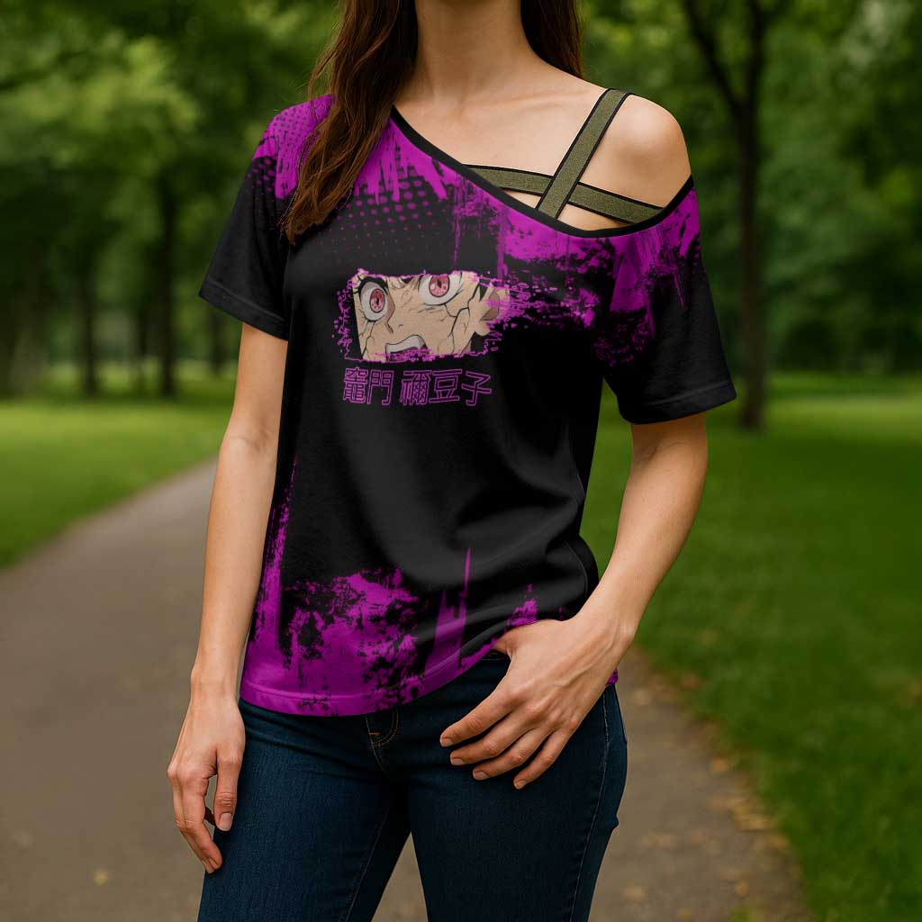 Nezuko Kamado Demon Slayer Pink Grunge Design Cross Shoulder Shirt with Fierce Eyes and Cute Sitting Pose - The Mazicc