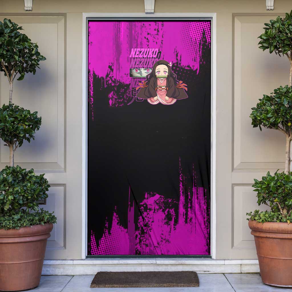 Nezuko Kamado Demon Slayer Pink Grunge Design Door Cover with Fierce Eyes and Cute Sitting Pose - The Mazicc