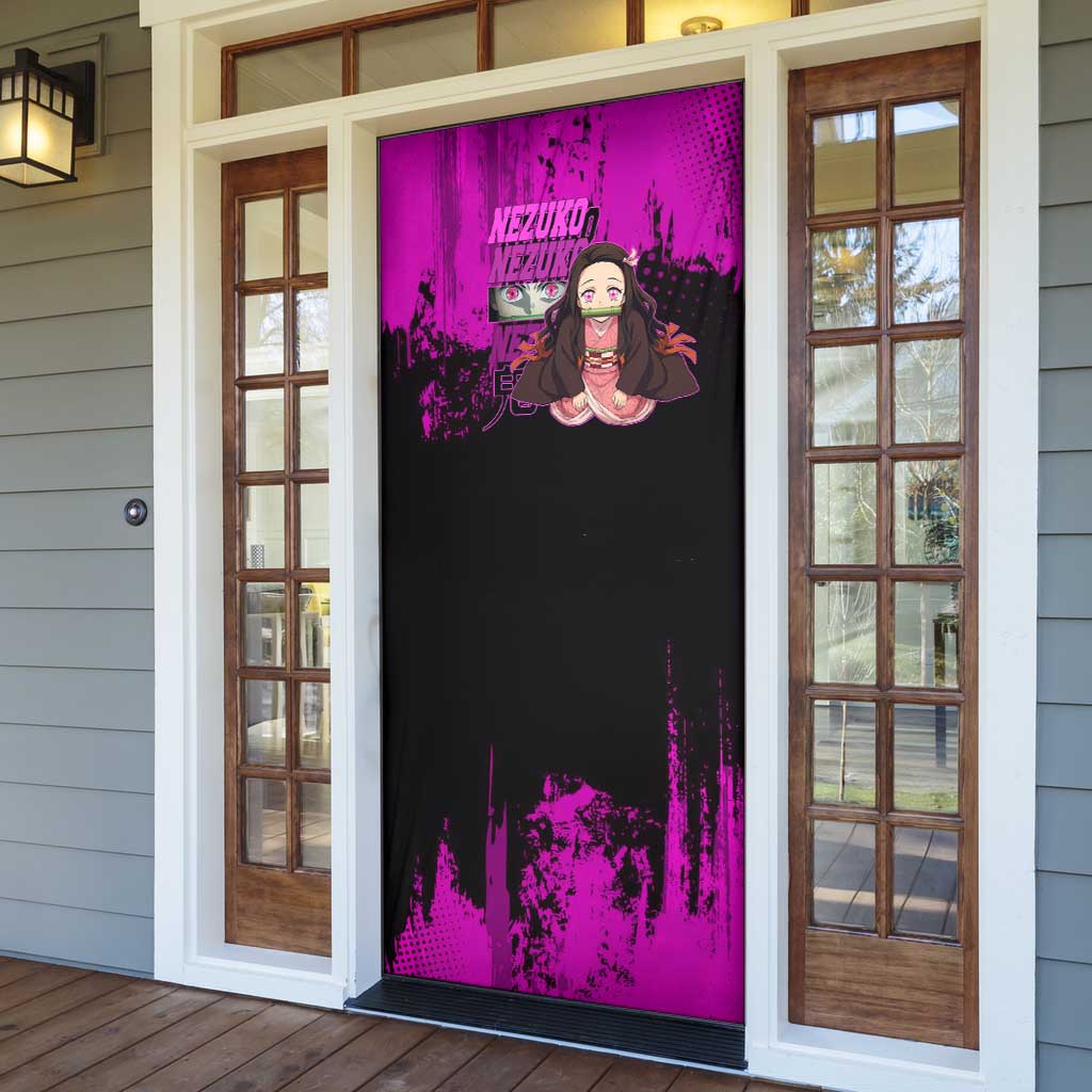 Nezuko Kamado Demon Slayer Pink Grunge Design Door Cover with Fierce Eyes and Cute Sitting Pose - The Mazicc