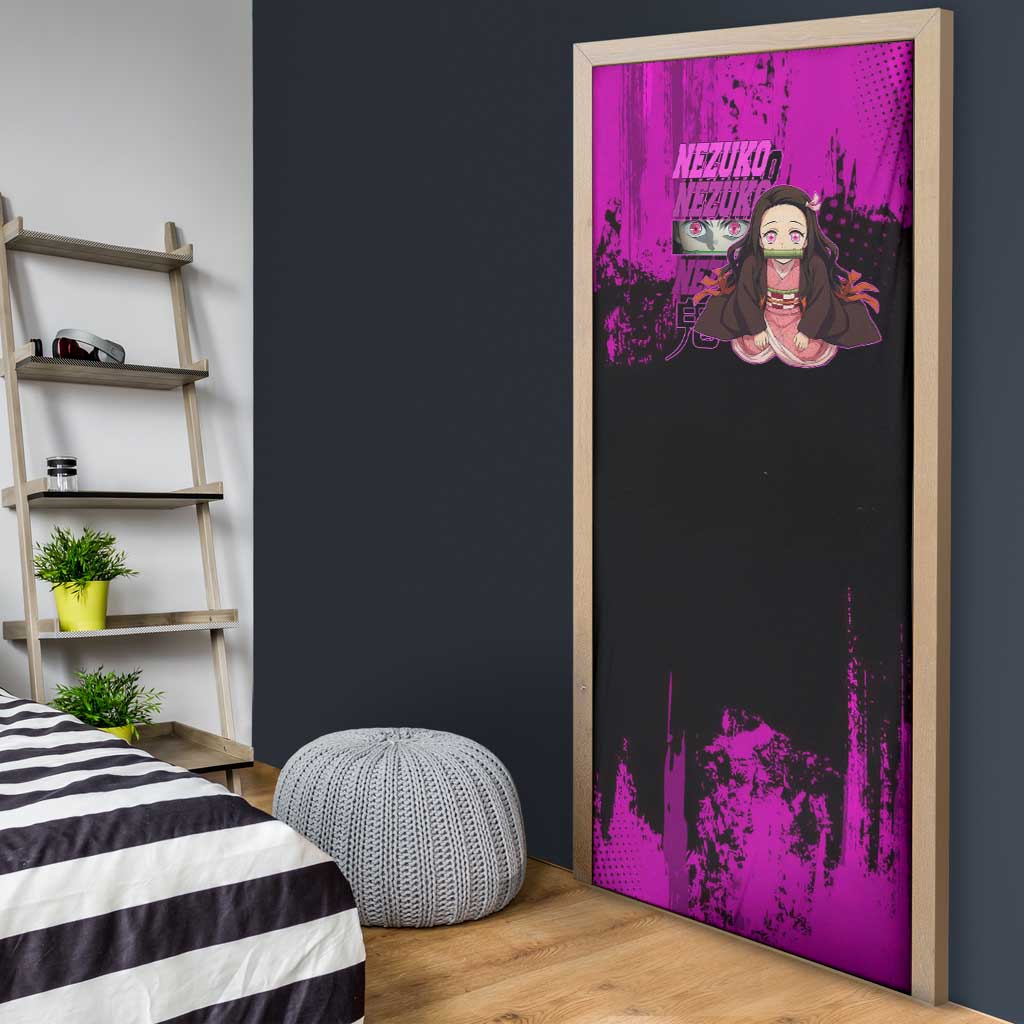 Nezuko Kamado Demon Slayer Pink Grunge Design Door Cover with Fierce Eyes and Cute Sitting Pose - The Mazicc