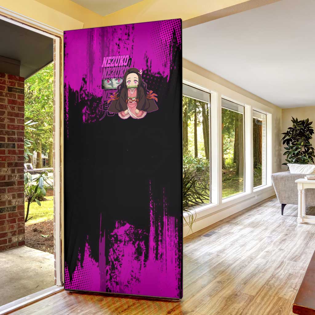 Nezuko Kamado Demon Slayer Pink Grunge Design Door Cover with Fierce Eyes and Cute Sitting Pose - The Mazicc