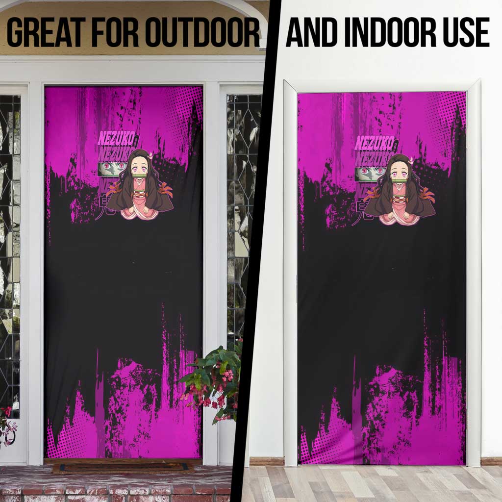 Nezuko Kamado Demon Slayer Pink Grunge Design Door Cover with Fierce Eyes and Cute Sitting Pose - The Mazicc