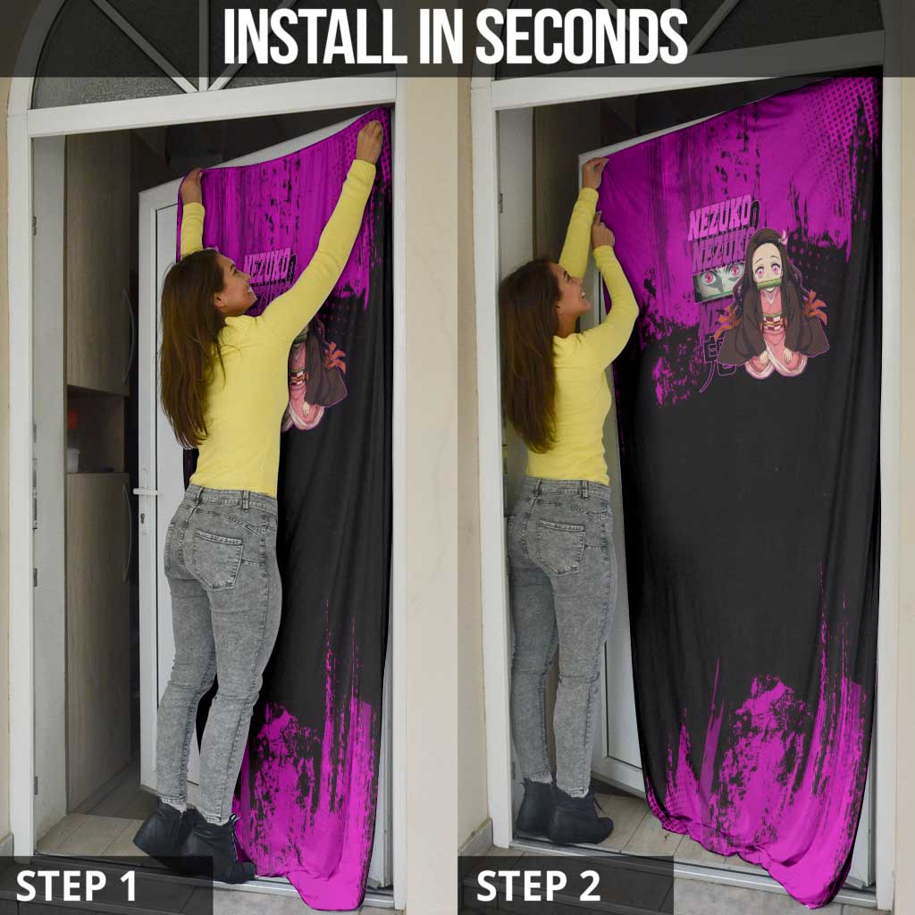 Nezuko Kamado Demon Slayer Pink Grunge Design Door Cover with Fierce Eyes and Cute Sitting Pose - The Mazicc