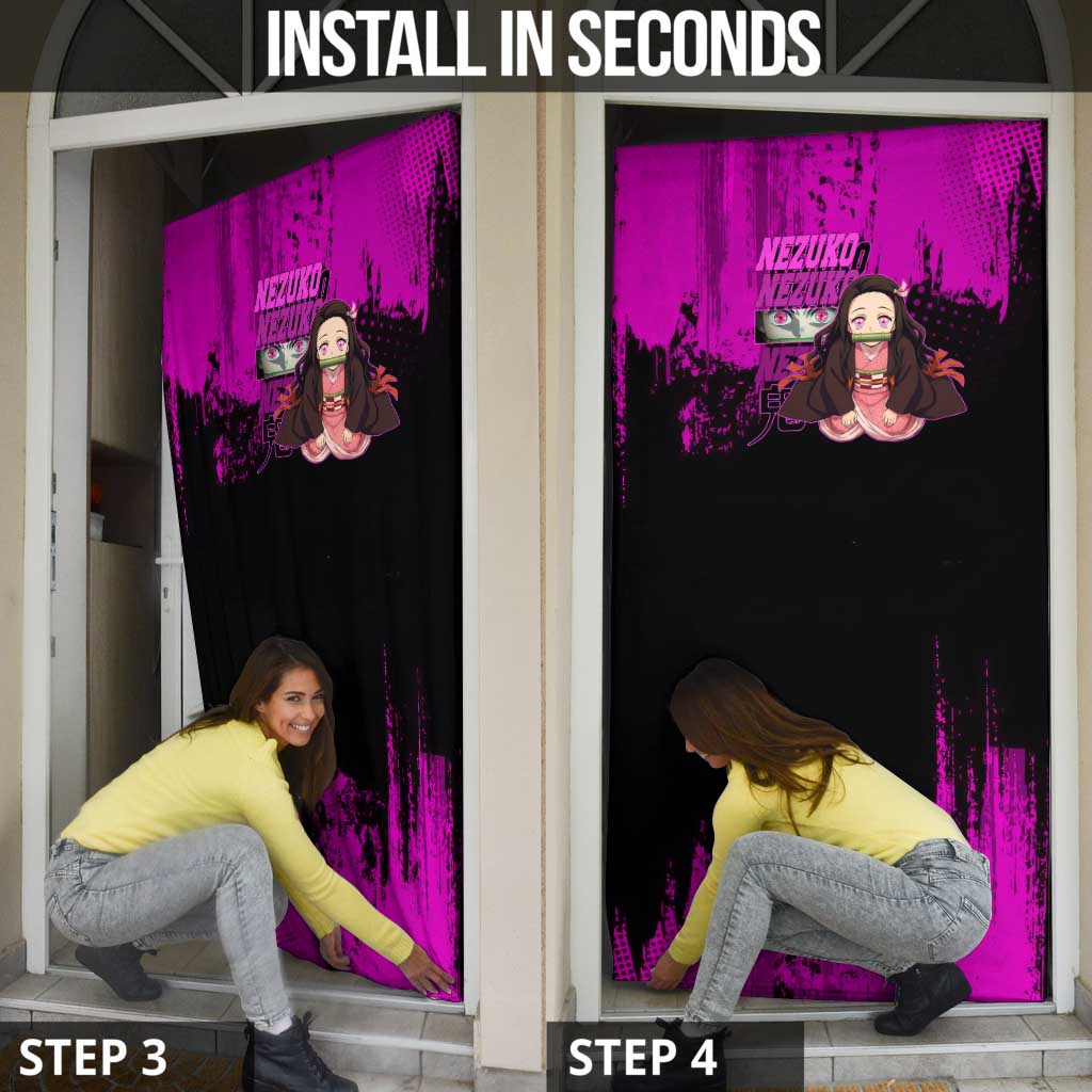 Nezuko Kamado Demon Slayer Pink Grunge Design Door Cover with Fierce Eyes and Cute Sitting Pose - The Mazicc