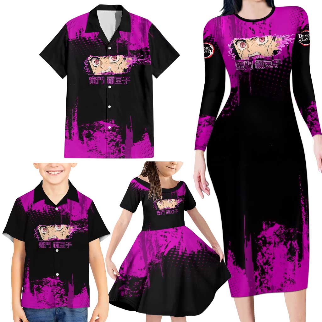 Nezuko Kamado Demon Slayer Pink Grunge Design Family Matching Long Sleeve Bodycon Dress and Hawaiian Shirt with Fierce Eyes and Cute Sitting Pose