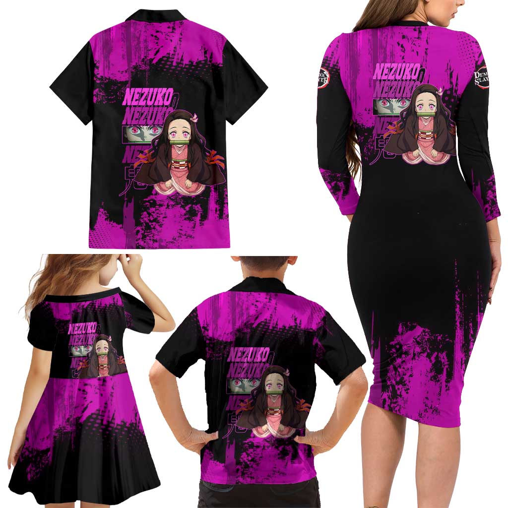 Nezuko Kamado Demon Slayer Pink Grunge Design Family Matching Long Sleeve Bodycon Dress and Hawaiian Shirt with Fierce Eyes and Cute Sitting Pose