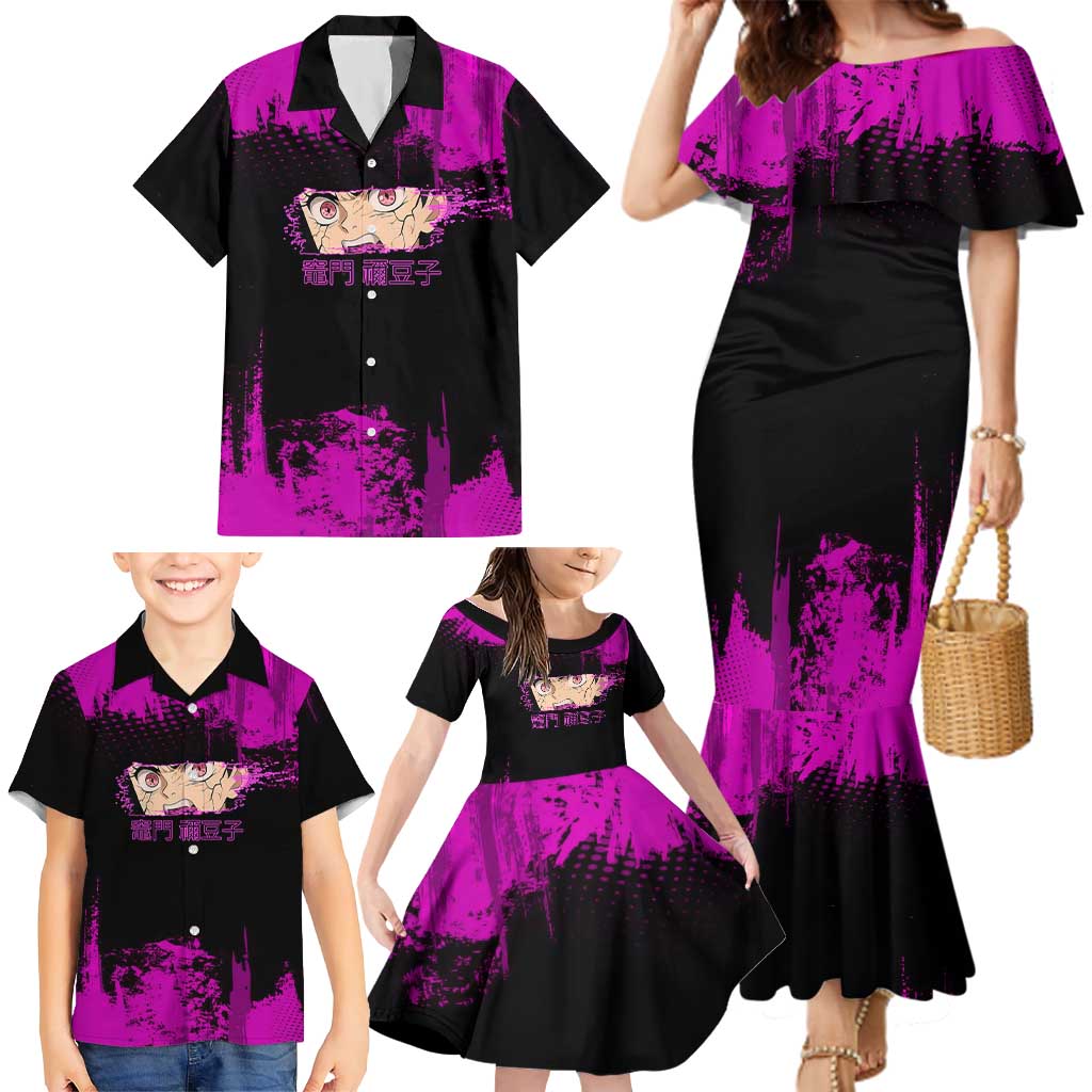 Nezuko Kamado Demon Slayer Pink Grunge Design Family Matching Mermaid Dress and Hawaiian Shirt with Fierce Eyes and Cute Sitting Pose