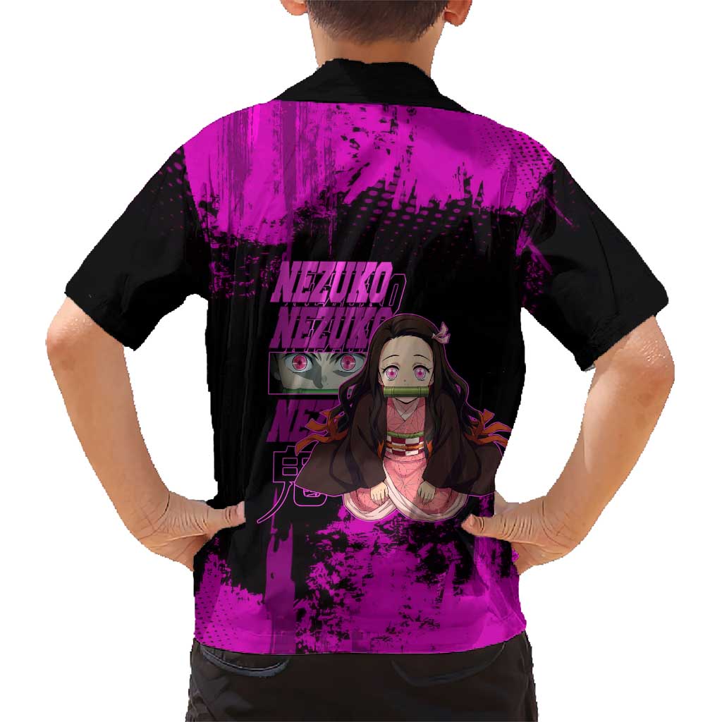 Nezuko Kamado Demon Slayer Pink Grunge Design Family Matching Mermaid Dress and Hawaiian Shirt with Fierce Eyes and Cute Sitting Pose