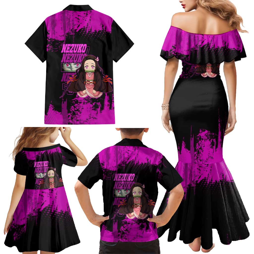 Nezuko Kamado Demon Slayer Pink Grunge Design Family Matching Mermaid Dress and Hawaiian Shirt with Fierce Eyes and Cute Sitting Pose