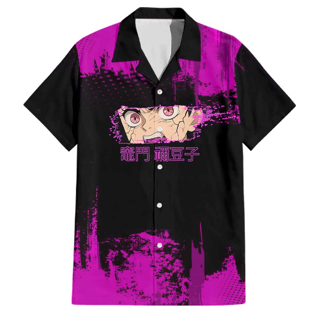 Nezuko Kamado Demon Slayer Pink Grunge Design Family Matching Mermaid Dress and Hawaiian Shirt with Fierce Eyes and Cute Sitting Pose