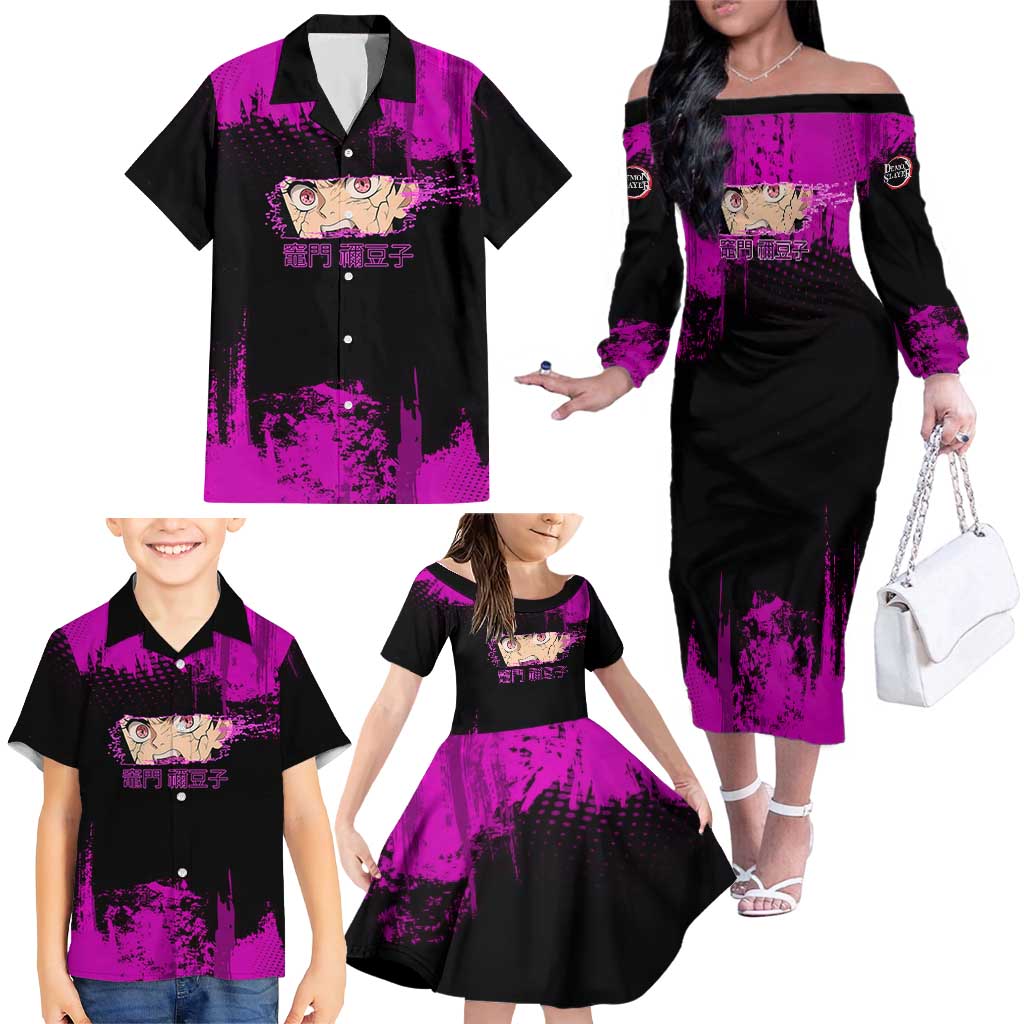 Nezuko Kamado Demon Slayer Pink Grunge Design Family Matching Off The Shoulder Long Sleeve Dress and Hawaiian Shirt with Fierce Eyes and Cute Sitting Pose