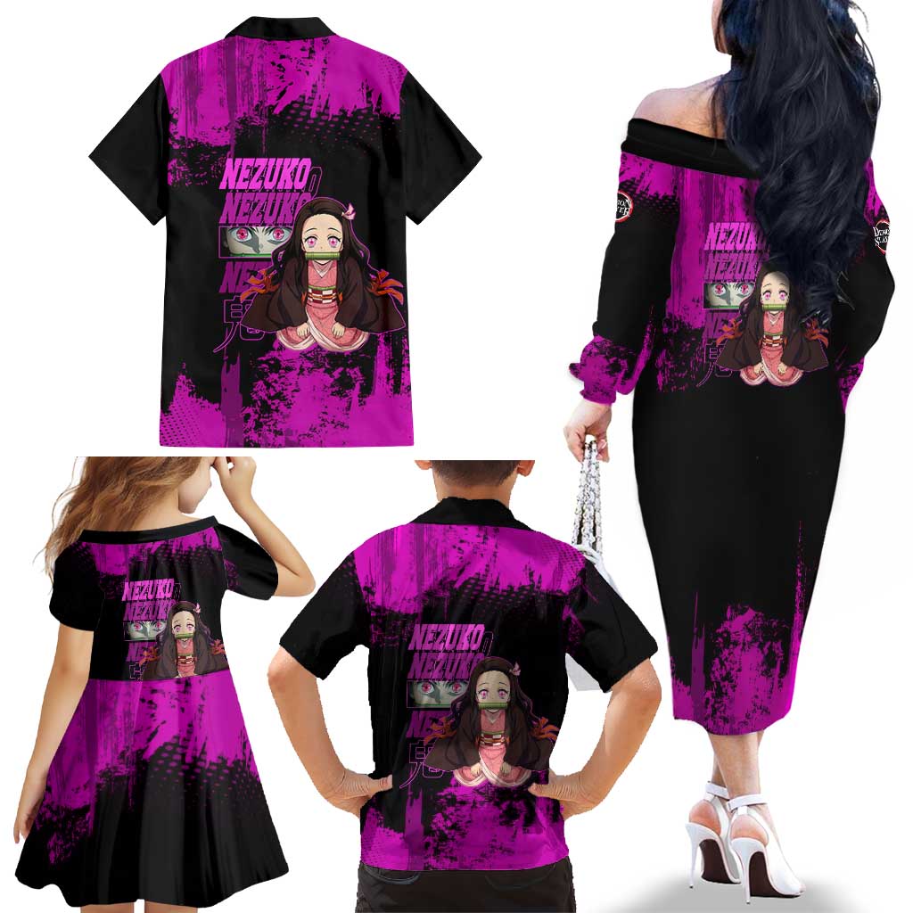 Nezuko Kamado Demon Slayer Pink Grunge Design Family Matching Off The Shoulder Long Sleeve Dress and Hawaiian Shirt with Fierce Eyes and Cute Sitting Pose