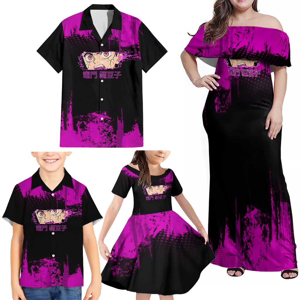 Nezuko Kamado Demon Slayer Pink Grunge Design Family Matching Off Shoulder Maxi Dress and Hawaiian Shirt with Fierce Eyes and Cute Sitting Pose