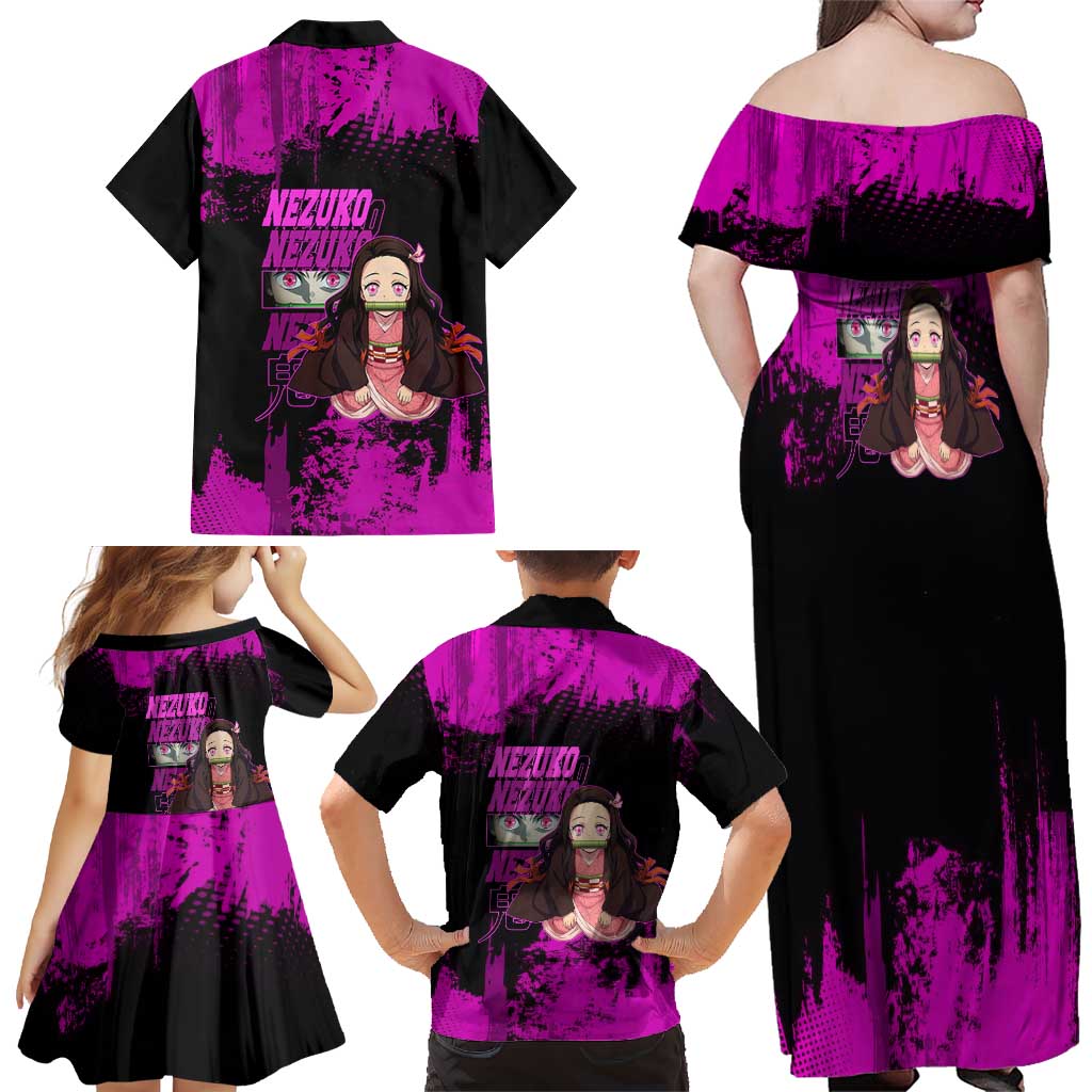 Nezuko Kamado Demon Slayer Pink Grunge Design Family Matching Off Shoulder Maxi Dress and Hawaiian Shirt with Fierce Eyes and Cute Sitting Pose