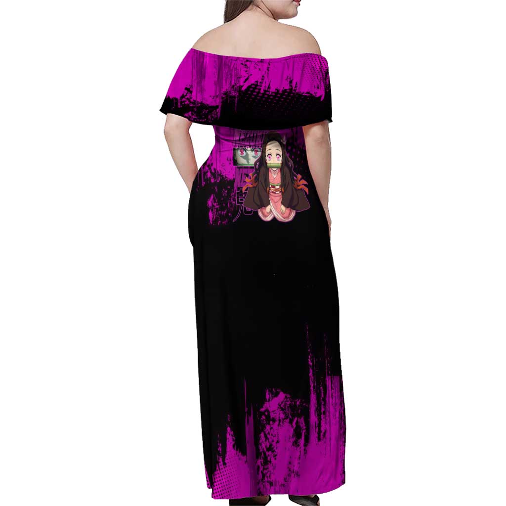 Nezuko Kamado Demon Slayer Pink Grunge Design Family Matching Off Shoulder Maxi Dress and Hawaiian Shirt with Fierce Eyes and Cute Sitting Pose