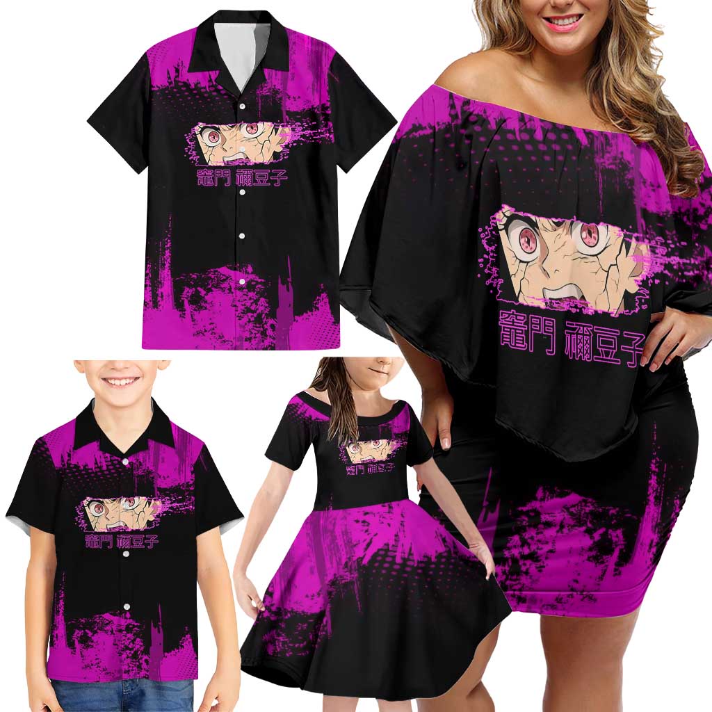 Nezuko Kamado Demon Slayer Pink Grunge Design Family Matching Off Shoulder Short Dress and Hawaiian Shirt with Fierce Eyes and Cute Sitting Pose
