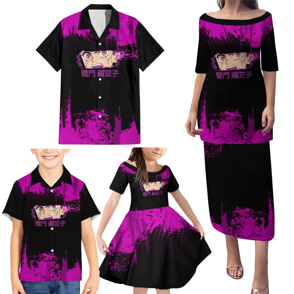 Nezuko Kamado Demon Slayer Pink Grunge Design Family Matching Puletasi and Hawaiian Shirt with Fierce Eyes and Cute Sitting Pose