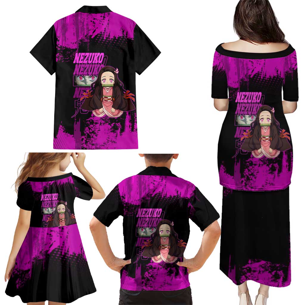 Nezuko Kamado Demon Slayer Pink Grunge Design Family Matching Puletasi and Hawaiian Shirt with Fierce Eyes and Cute Sitting Pose