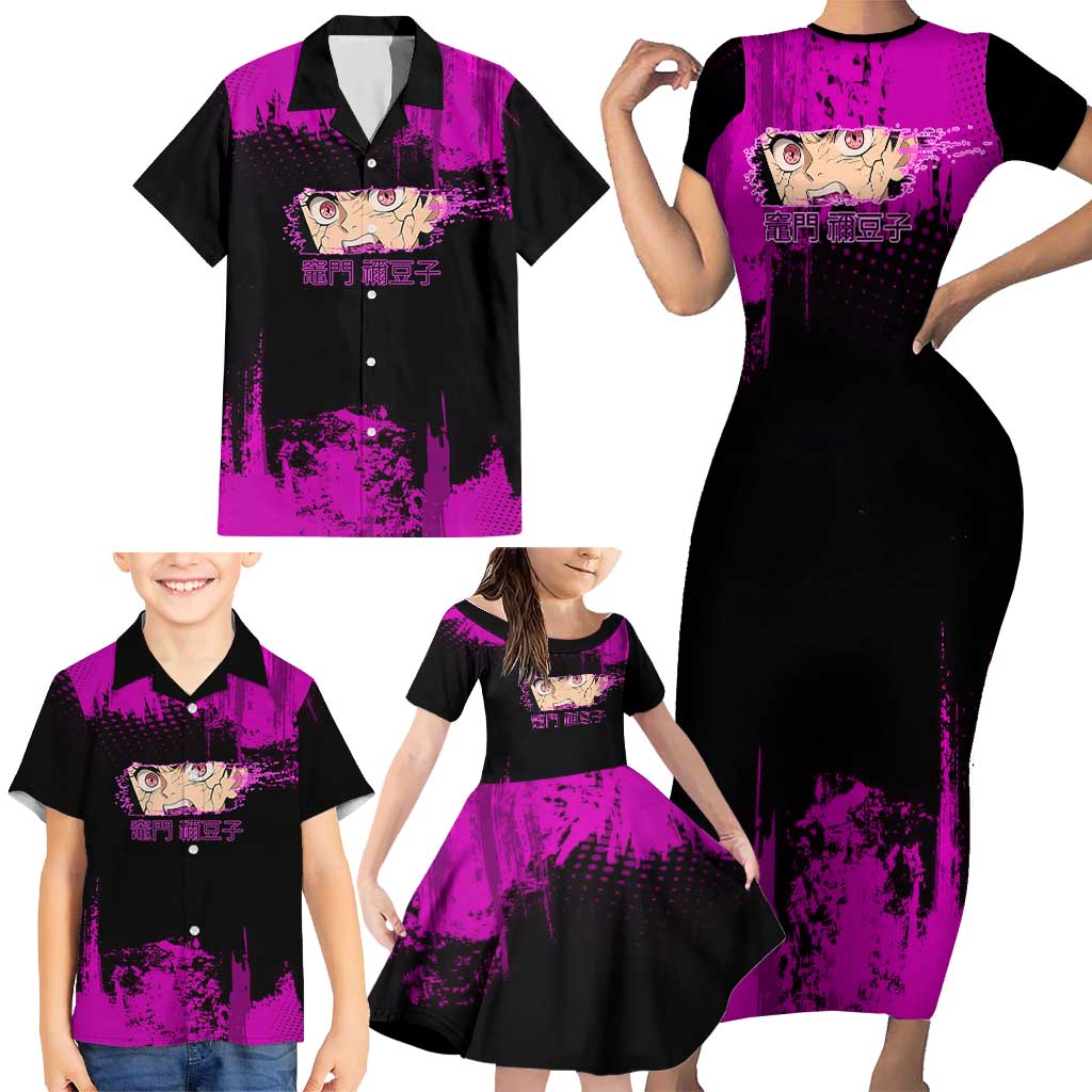 Nezuko Kamado Demon Slayer Pink Grunge Design Family Matching Short Sleeve Bodycon Dress and Hawaiian Shirt with Fierce Eyes and Cute Sitting Pose