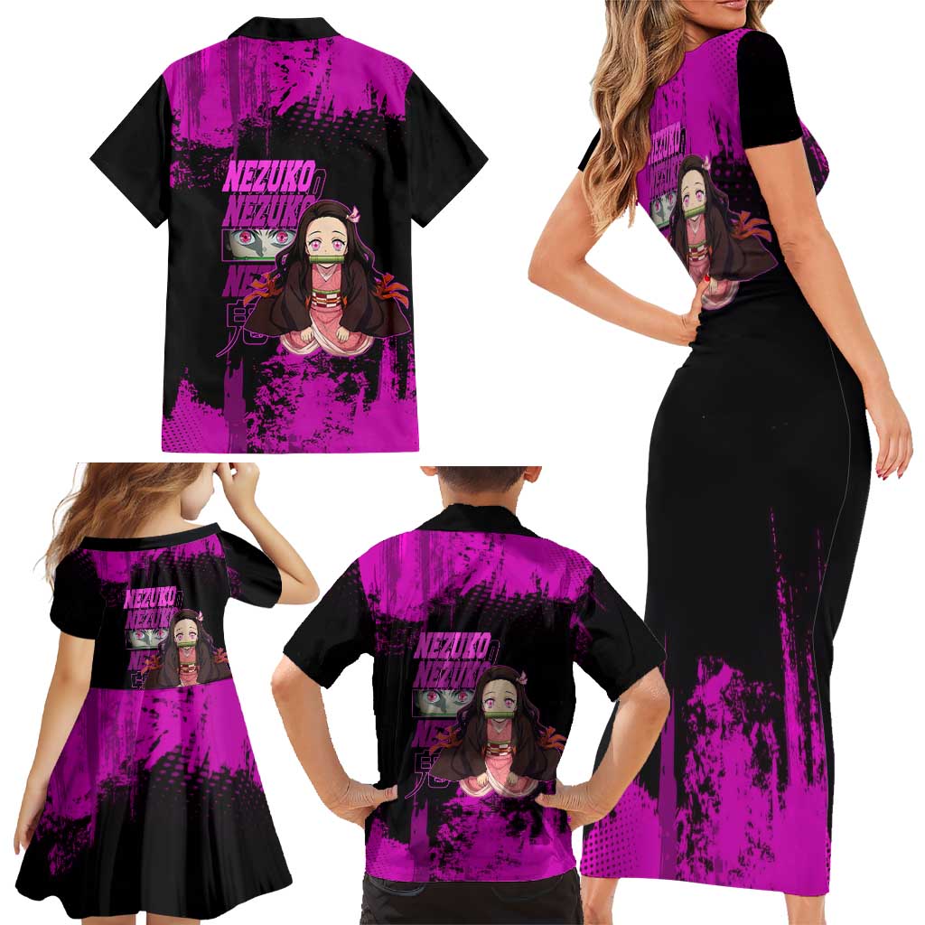 Nezuko Kamado Demon Slayer Pink Grunge Design Family Matching Short Sleeve Bodycon Dress and Hawaiian Shirt with Fierce Eyes and Cute Sitting Pose