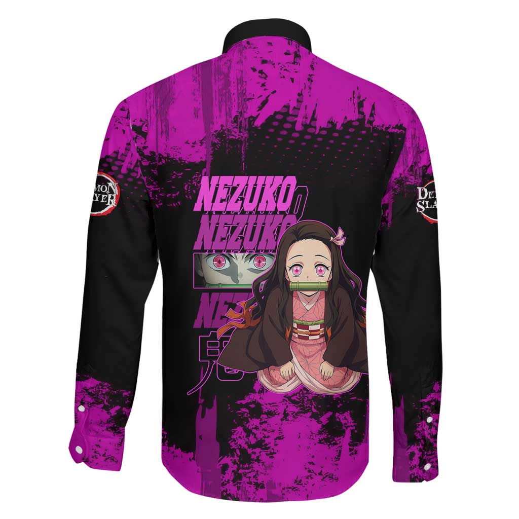 Nezuko Kamado Demon Slayer Pink Grunge Design Family Matching Short Sleeve Bodycon Dress and Hawaiian Shirt with Fierce Eyes and Cute Sitting Pose