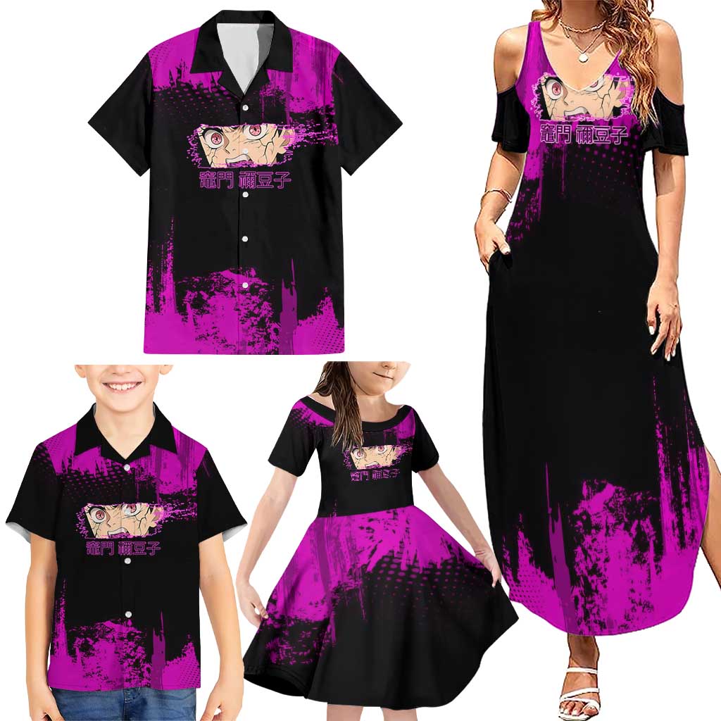 Nezuko Kamado Demon Slayer Pink Grunge Design Family Matching Summer Maxi Dress and Hawaiian Shirt with Fierce Eyes and Cute Sitting Pose