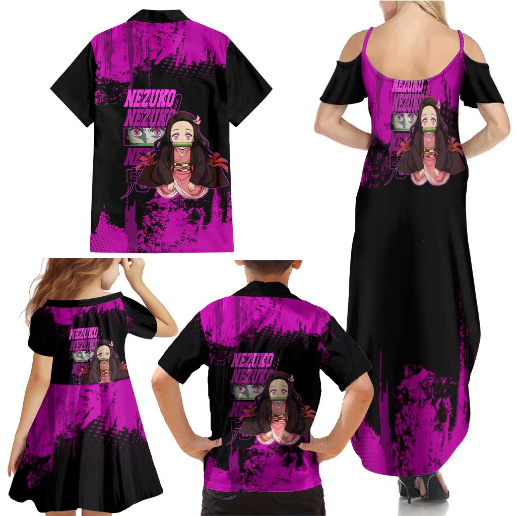 Nezuko Kamado Demon Slayer Pink Grunge Design Family Matching Summer Maxi Dress and Hawaiian Shirt with Fierce Eyes and Cute Sitting Pose