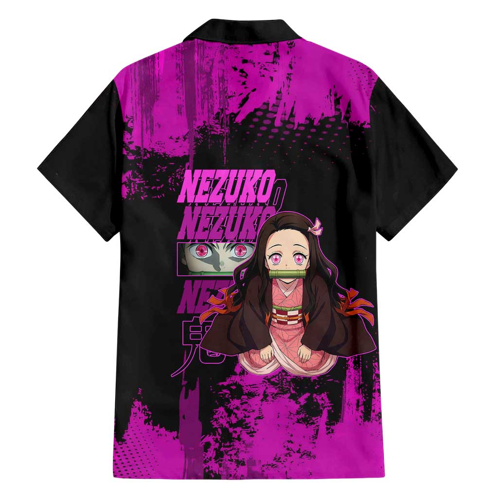 Nezuko Kamado Demon Slayer Pink Grunge Design Family Matching Summer Maxi Dress and Hawaiian Shirt with Fierce Eyes and Cute Sitting Pose
