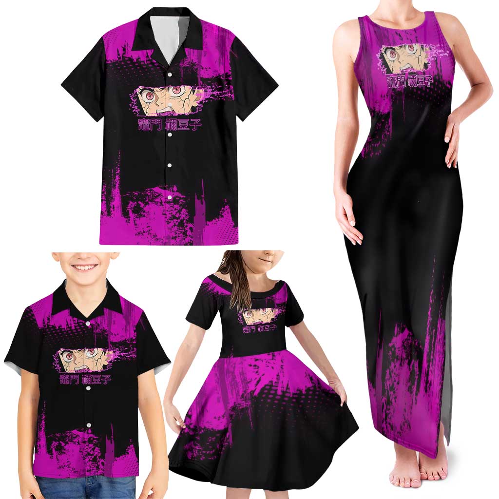 Nezuko Kamado Demon Slayer Pink Grunge Design Family Matching Tank Maxi Dress and Hawaiian Shirt with Fierce Eyes and Cute Sitting Pose