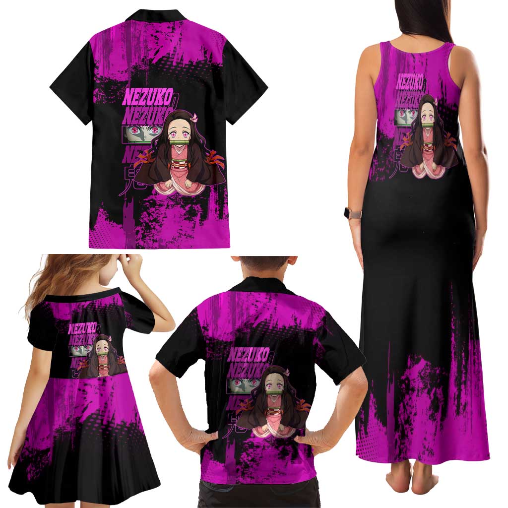 Nezuko Kamado Demon Slayer Pink Grunge Design Family Matching Tank Maxi Dress and Hawaiian Shirt with Fierce Eyes and Cute Sitting Pose