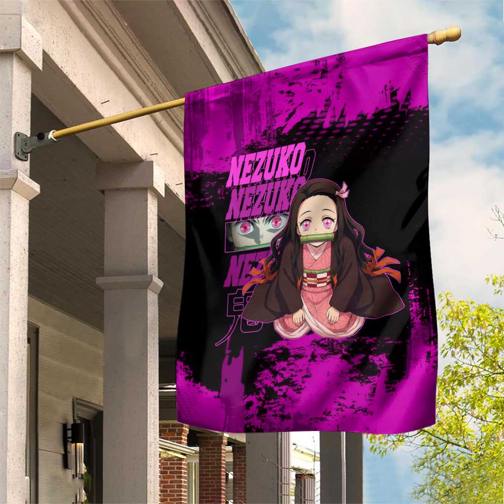 Nezuko Kamado Demon Slayer Pink Grunge Design Garden Flag with Fierce Eyes and Cute Sitting Pose - The Mazicc
