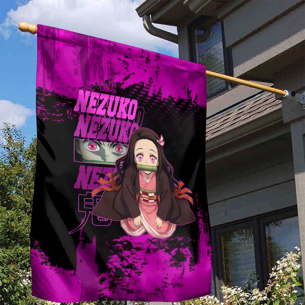 Nezuko Kamado Demon Slayer Pink Grunge Design Garden Flag with Fierce Eyes and Cute Sitting Pose - The Mazicc