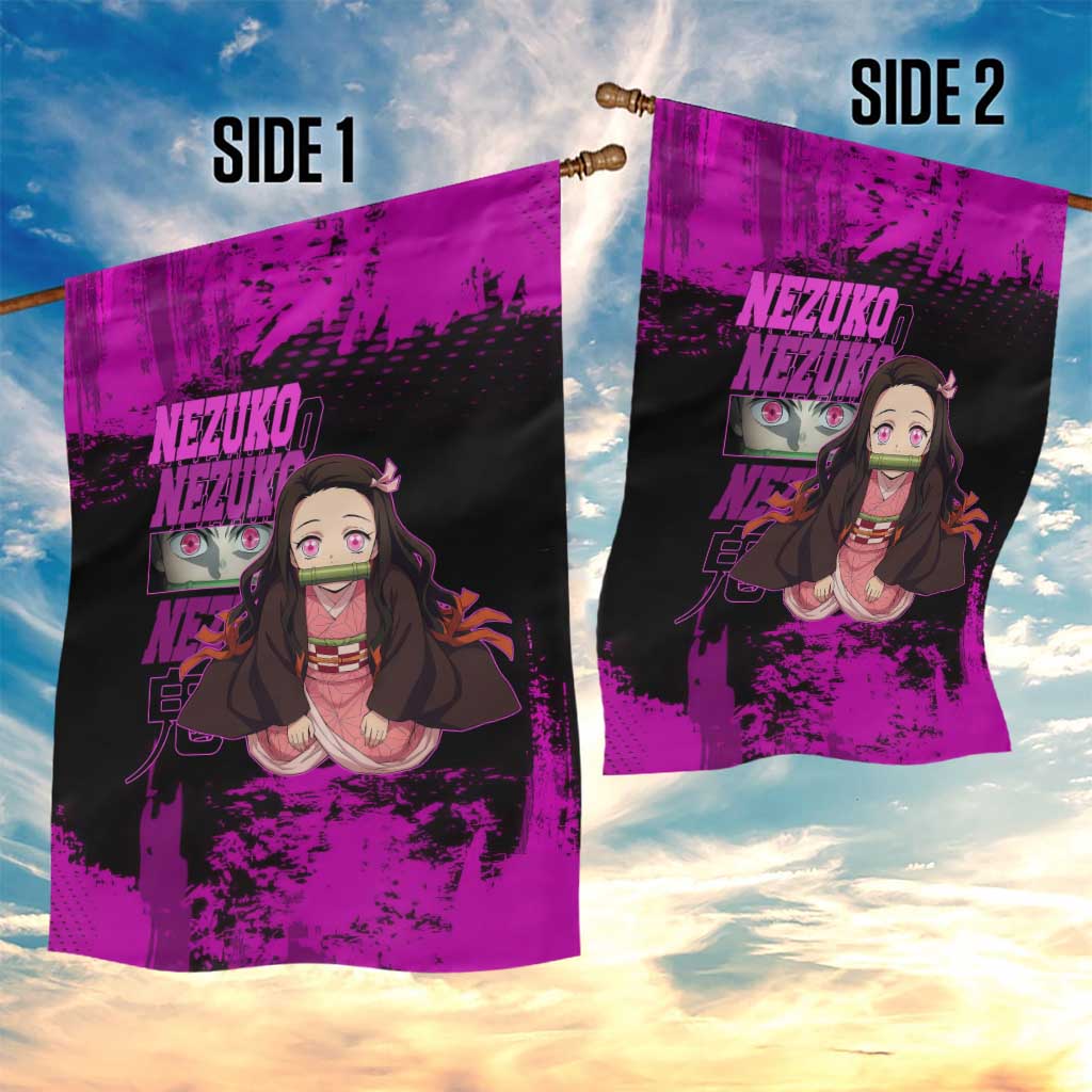 Nezuko Kamado Demon Slayer Pink Grunge Design Garden Flag with Fierce Eyes and Cute Sitting Pose - The Mazicc