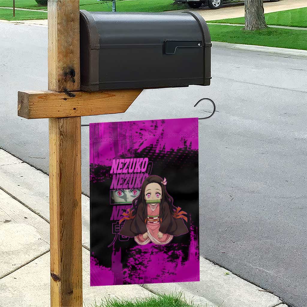 Nezuko Kamado Demon Slayer Pink Grunge Design Garden Flag with Fierce Eyes and Cute Sitting Pose - The Mazicc
