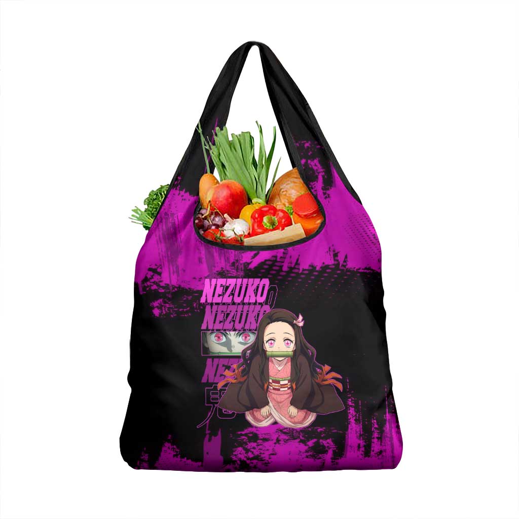 Nezuko Kamado Demon Slayer Pink Grunge Design Grocery Bag with Fierce Eyes and Cute Sitting Pose - The Mazicc