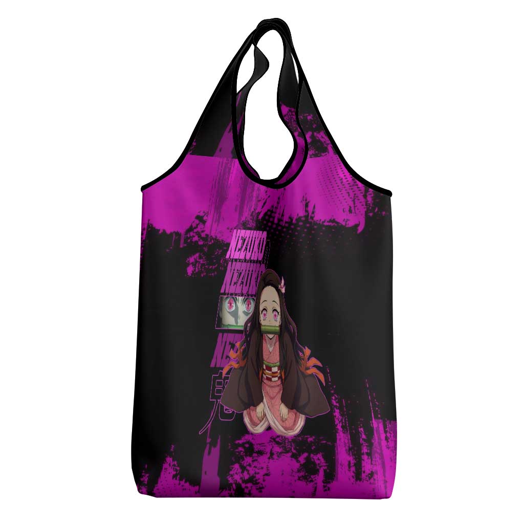 Nezuko Kamado Demon Slayer Pink Grunge Design Grocery Bag with Fierce Eyes and Cute Sitting Pose - The Mazicc