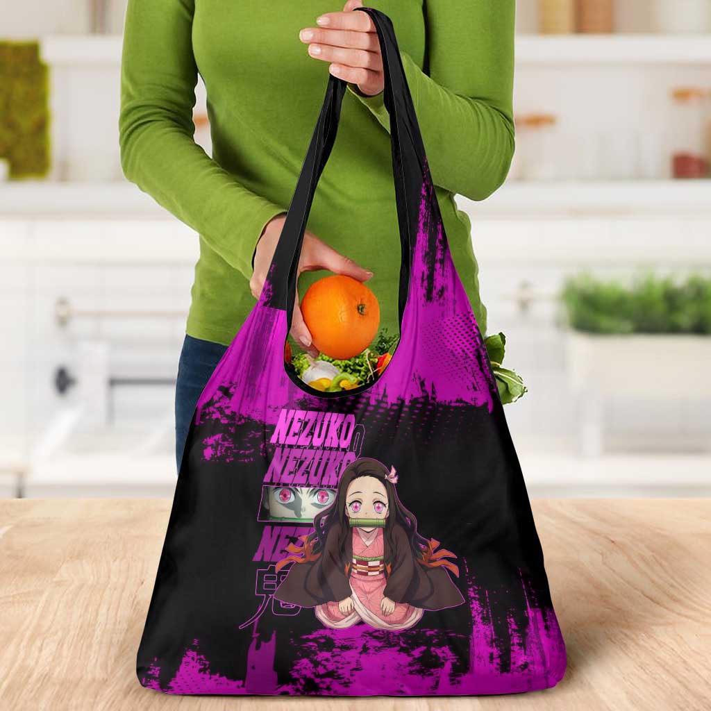 Nezuko Kamado Demon Slayer Pink Grunge Design Grocery Bag with Fierce Eyes and Cute Sitting Pose - The Mazicc